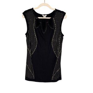 Retro Metallic Studs Cutout Beaded Top Black M Chic Classic Preppy Festive 90s